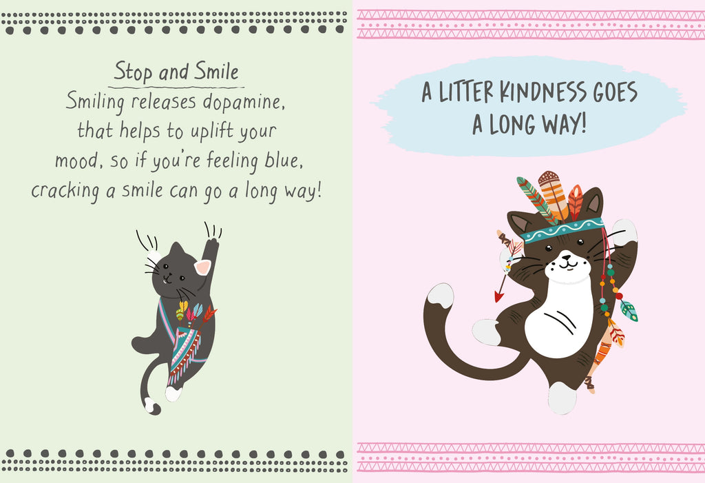 Colourful pages from Paw-sitive Vibes Only featuring illustrated cats and positive messages about smiling and kindness.