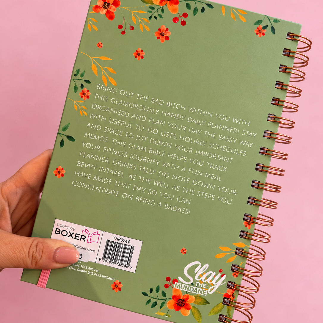 Back of sage green Bad Bitch Bible A5 daily planner with colourful floral detailing.