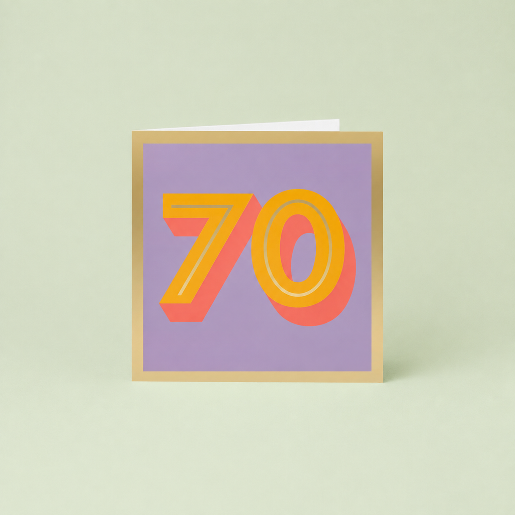 Colourful 70th birthday card with large orange number 70, coral shadow detail, soft lilac background and metallic gold foil border.