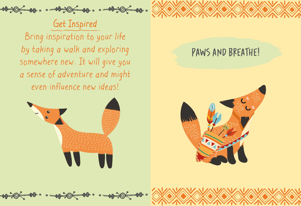 Colourful illustrated pages from Don’t Give a Fox featuring inspirational advice and playful fox illustrations.