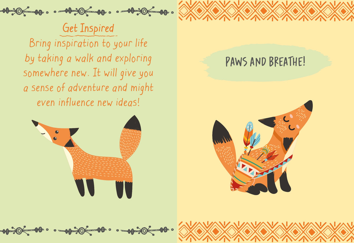 Colourful illustrated pages from Don’t Give a Fox featuring inspirational advice and playful fox illustrations.