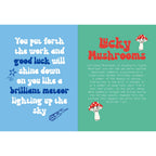 Colourful pages from A Book to Bring You Luck featuring a shooting star message and lucky mushroom symbolism.
