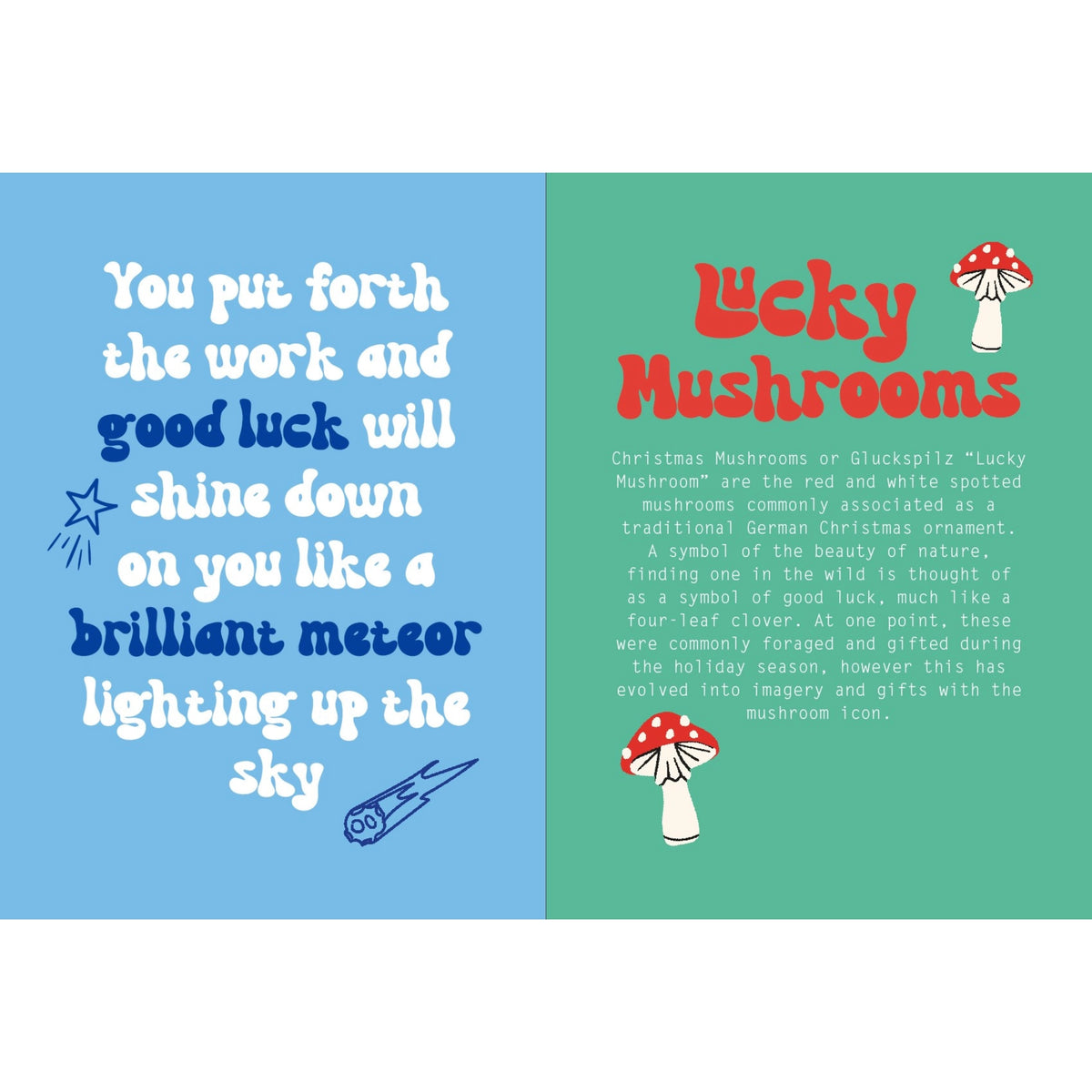 Colourful pages from A Book to Bring You Luck featuring a shooting star message and lucky mushroom symbolism.
