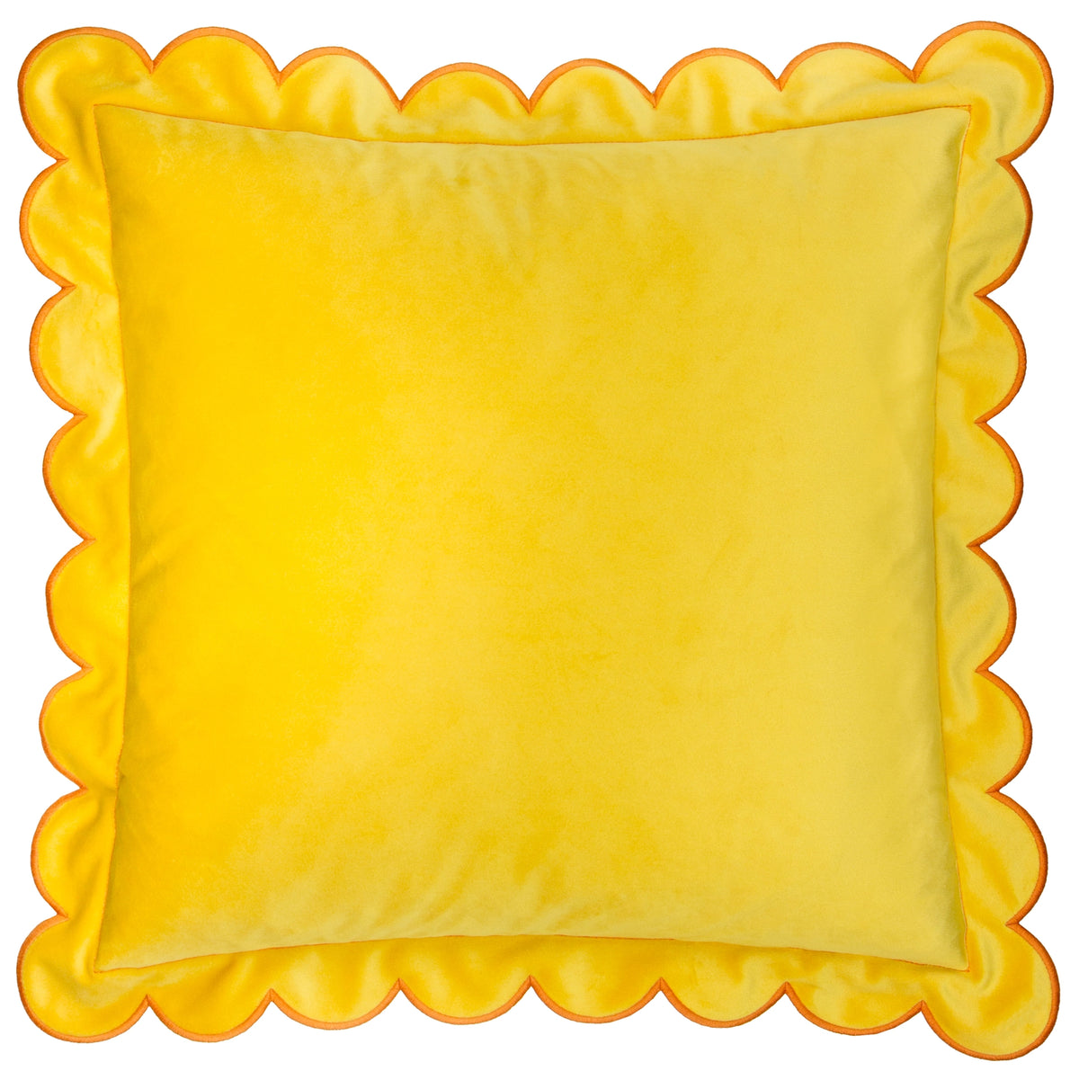 Square yellow velvet cushion with playful scalloped border and contrasting orange stitching.