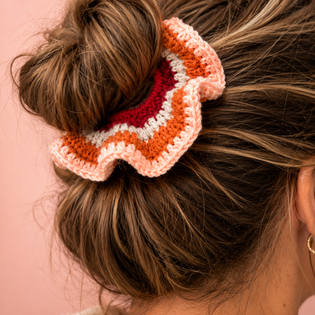 Pumpkin Spice handmade crochet scrunchie in orange, cream, pink and raspberry worn around a brunette bun.