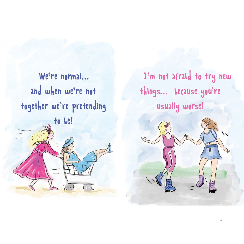 Cartoon illustration of two women with text about being together and trying new things.
