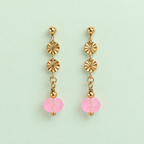 Pair of limited edition gold plated drop earrings with textured discs and frosted neon pink faceted glass beads on pale mint background.