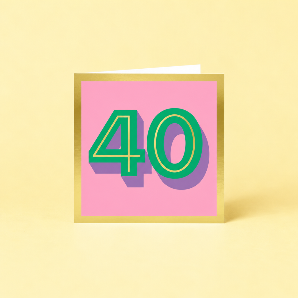 Colourful 40th birthday card with large green number 40, lilac shadow detail, pink background and metallic gold foil border.