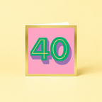 Colourful 40th birthday card with large green number 40, lilac shadow detail, pink background and metallic gold foil border.