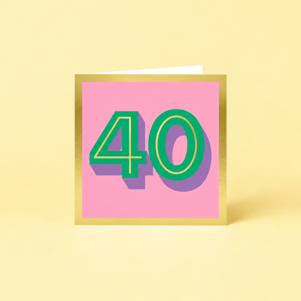 Colourful 40th birthday card with large green number 40, lilac shadow detail, pink background and metallic gold foil border.