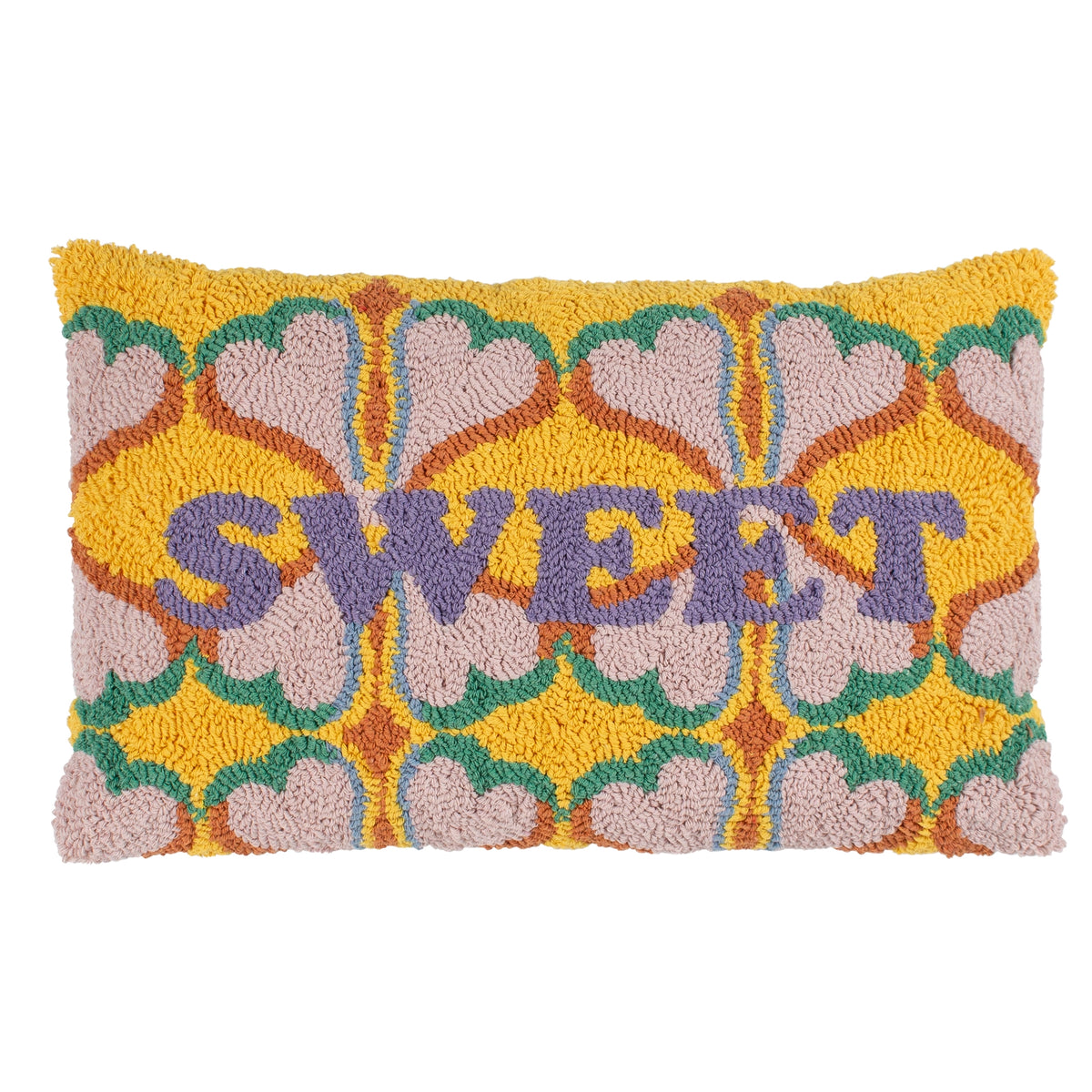 Yellow woven loop cotton cushion with pink hearts, green details and lilac SWEET lettering.
