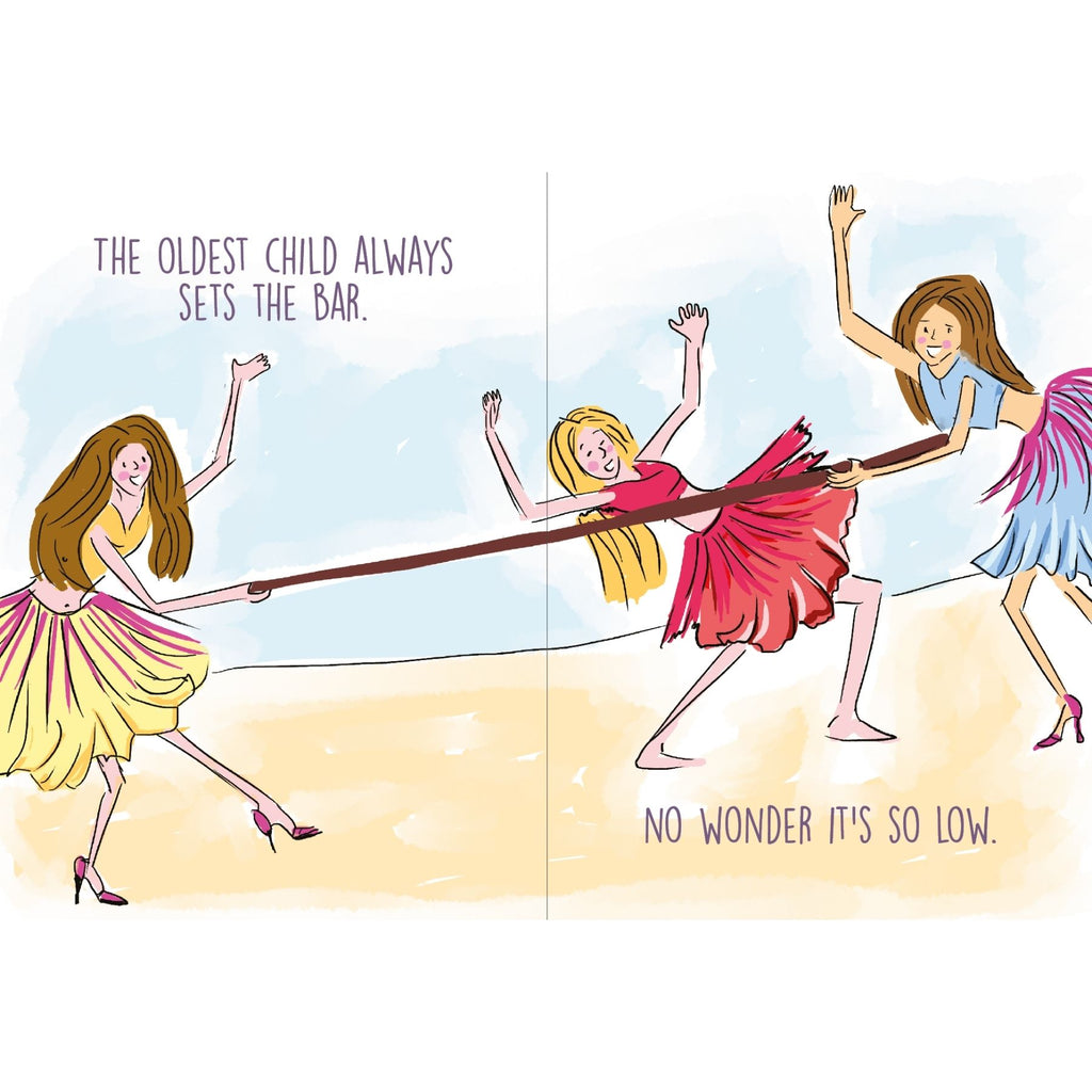 Colourful illustrated pages from Sister My Best Friend with a funny quote about the oldest sibling setting the bar.