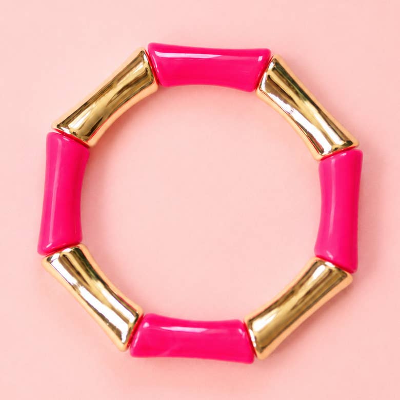 Hot Pink and Gold Acrylic Bamboo Stretch Bracelet