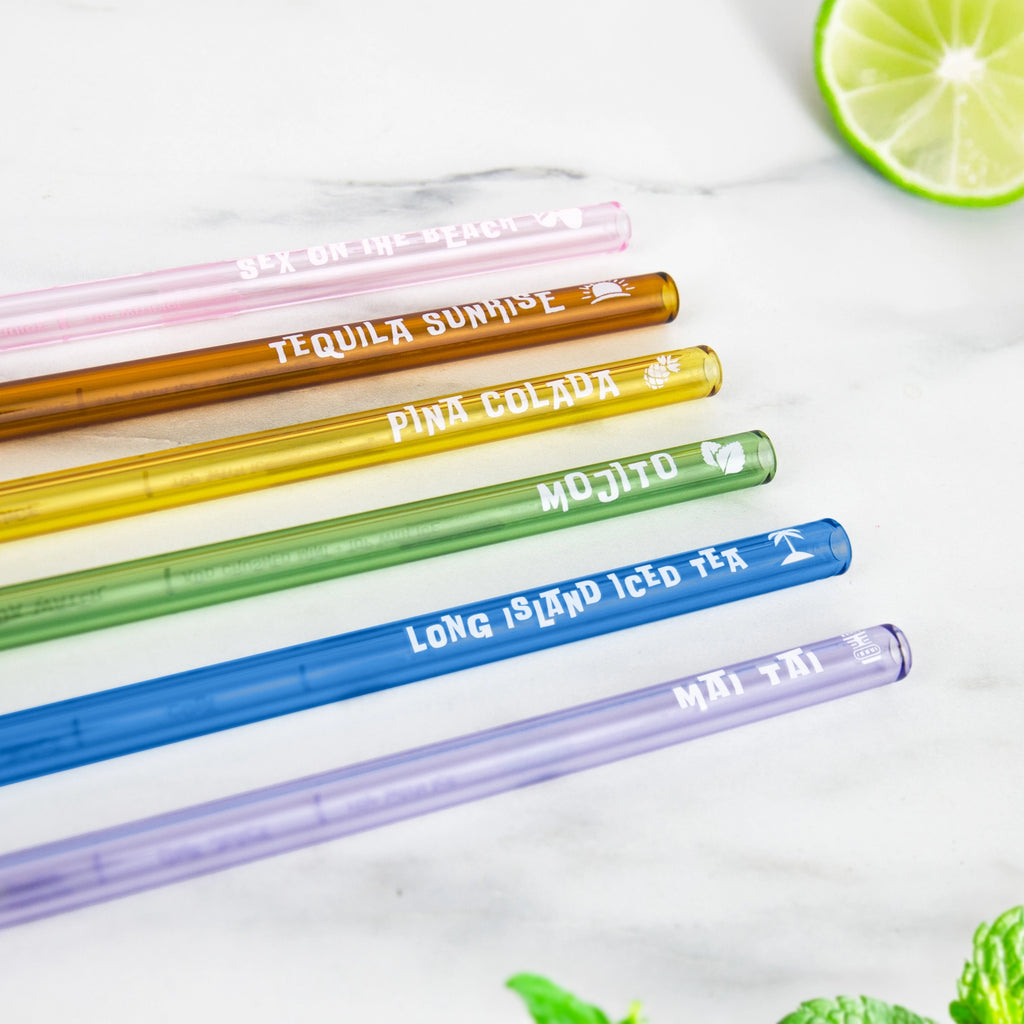 Six colourful glass recipe straws for Mojito, Piña Colada, Tequila Sunrise, Mai Tai and other cocktails.