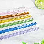 Six colourful glass recipe straws for Mojito, Piña Colada, Tequila Sunrise, Mai Tai and other cocktails.