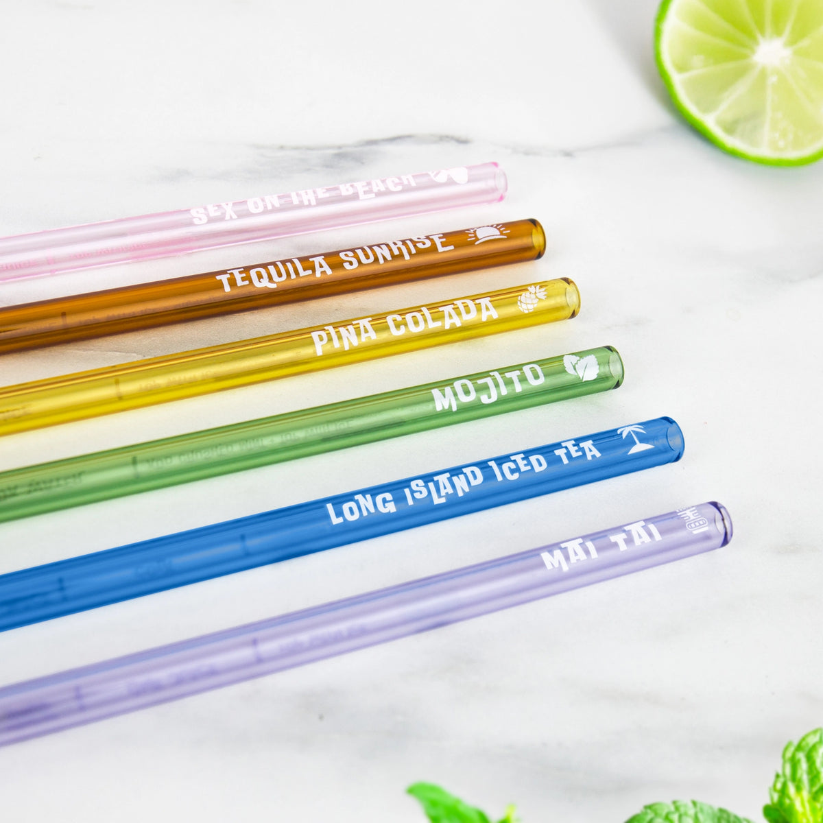 Six colourful glass recipe straws for Mojito, Piña Colada, Tequila Sunrise, Mai Tai and other cocktails.