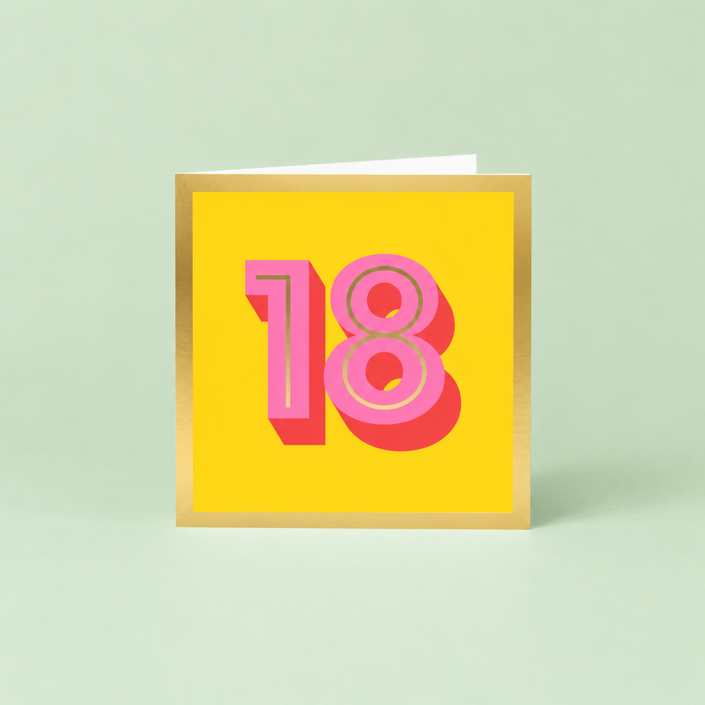 Colourful 18th birthday card with large pink number 18 on a bright yellow background and metallic gold foil border.