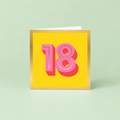 Colourful 18th birthday card with large pink number 18 on a bright yellow background and metallic gold foil border.