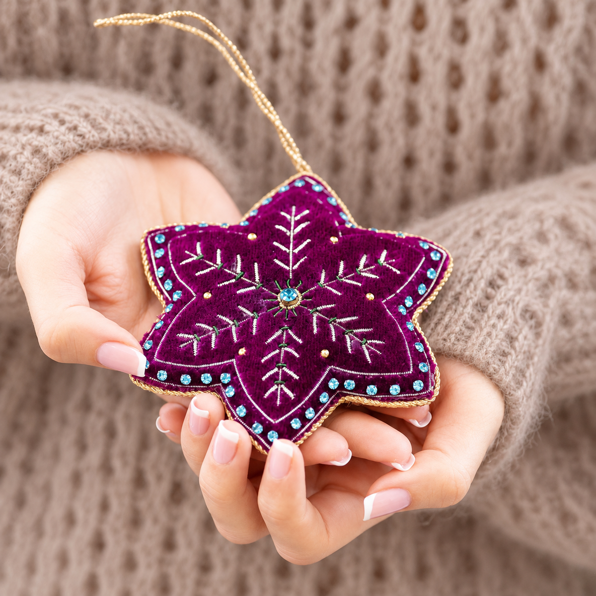 Burgundy velvet star Christmas bauble with turquoise gems, embroidery and gold edging held in two hands.