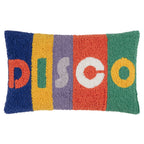 Colorful pillow with 'DISCO' text on a white background