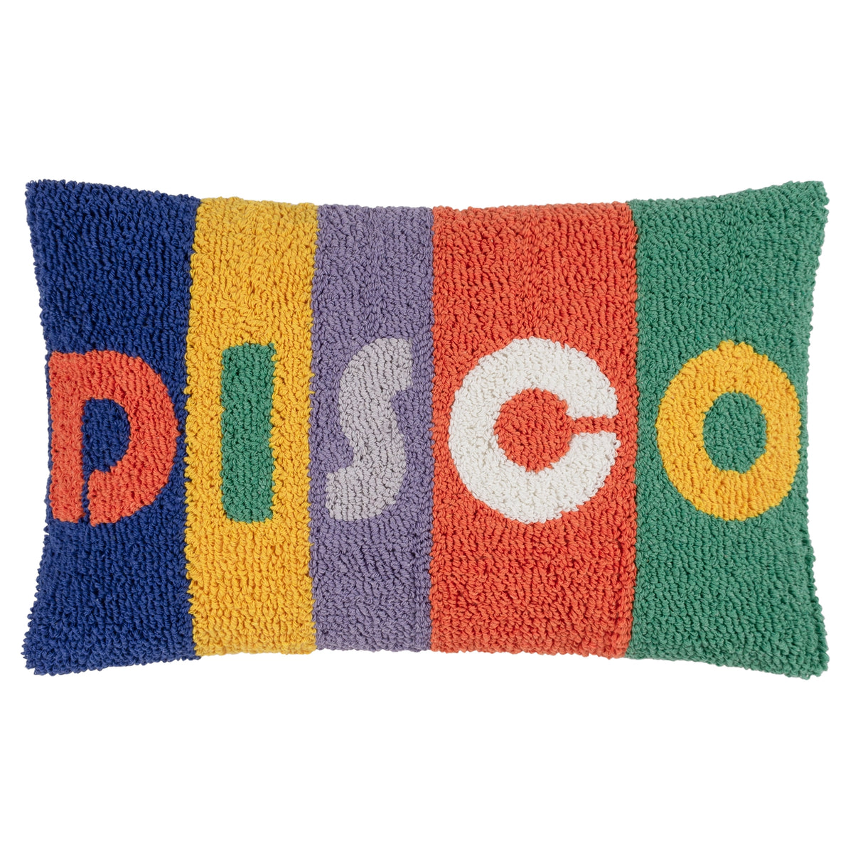 Colorful pillow with 'DISCO' text on a white background