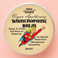 30ml vegan menopause balm in a round tin with colourful superhero woman illustration on the label.
