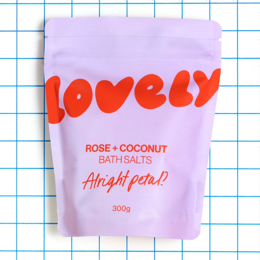 300g Rose and Coconut Bath Salts in colourful lilac and orange Alright Petal packaging.