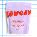 300g Rose and Coconut Bath Salts in colourful lilac and orange Alright Petal packaging.