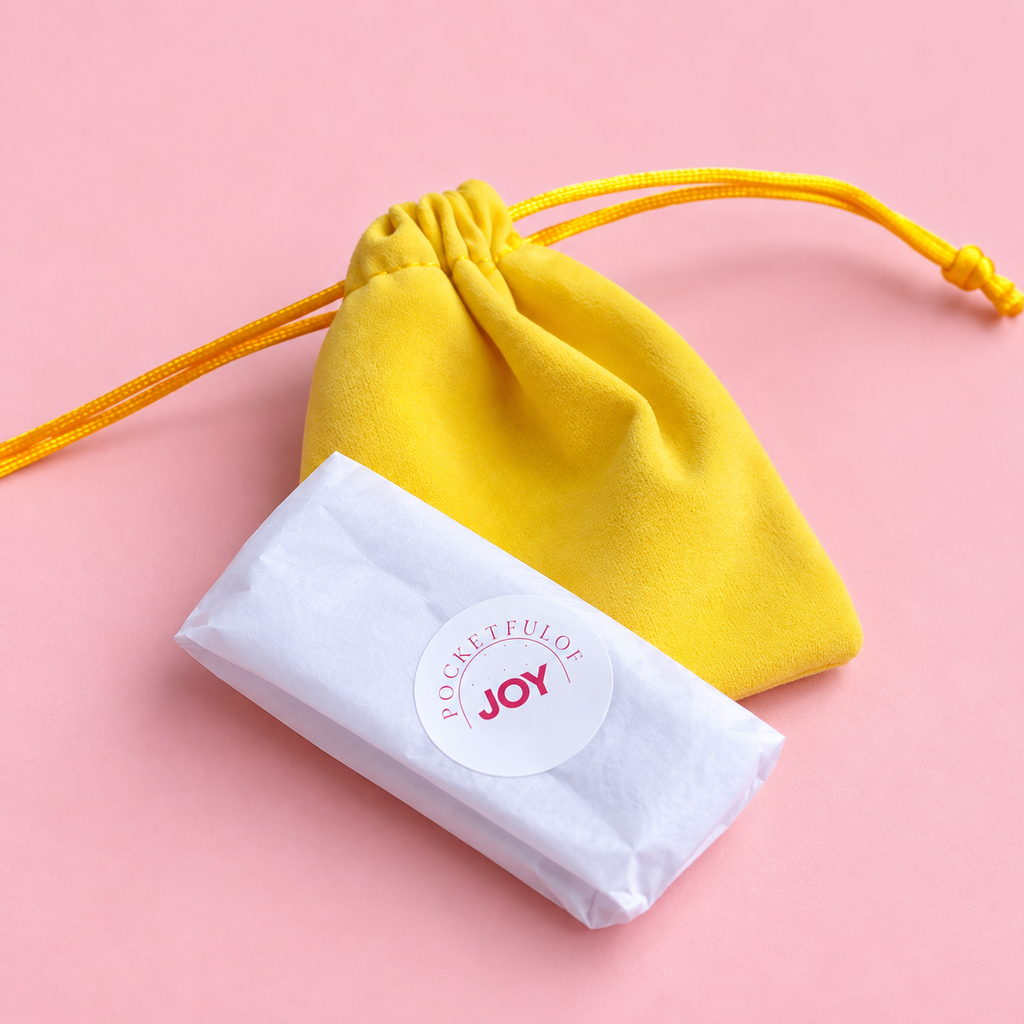 A white paper-wrapped item with a round white sticker reading 'ROCKET FUEL JOY' sits in front of a small yellow drawstring pouch on a pink background.