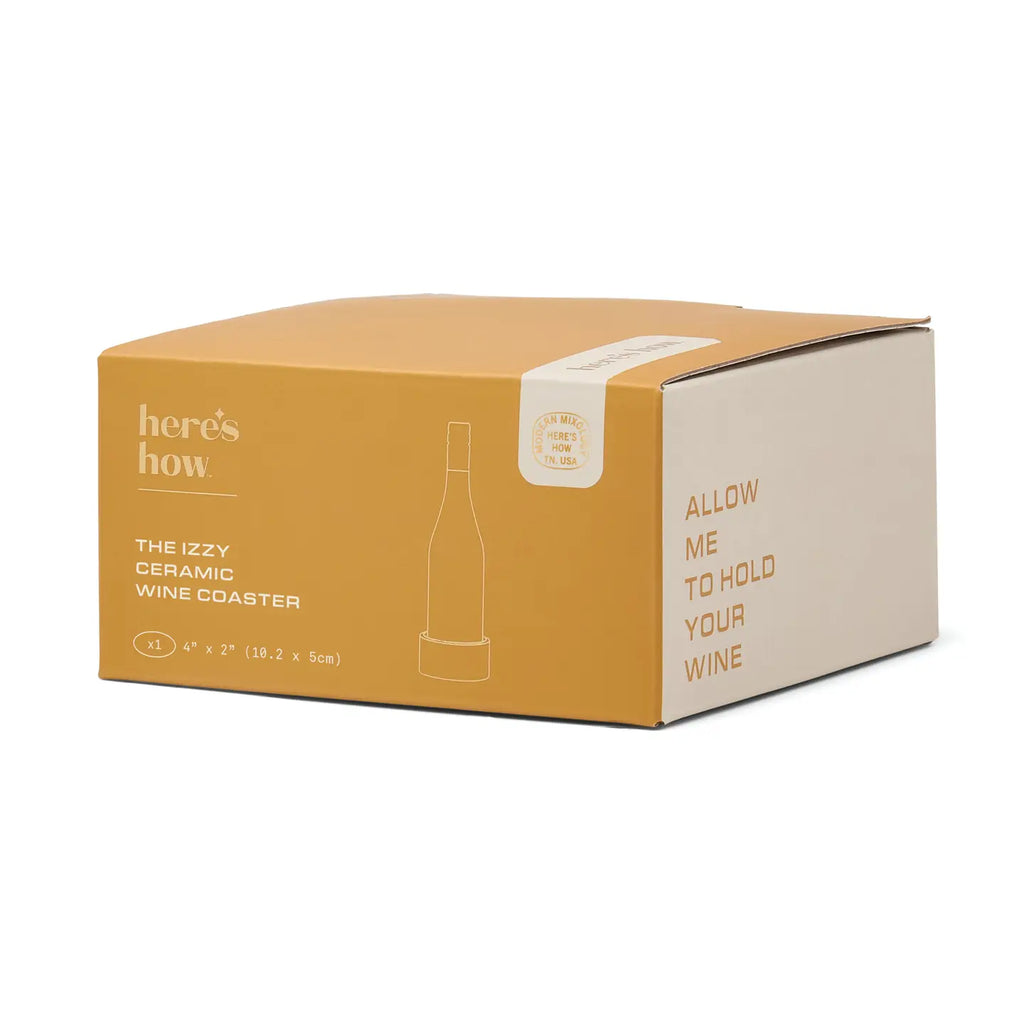 Boxed mustard stripe ceramic wine coaster with Allow Me To Hold Your Wine wording.