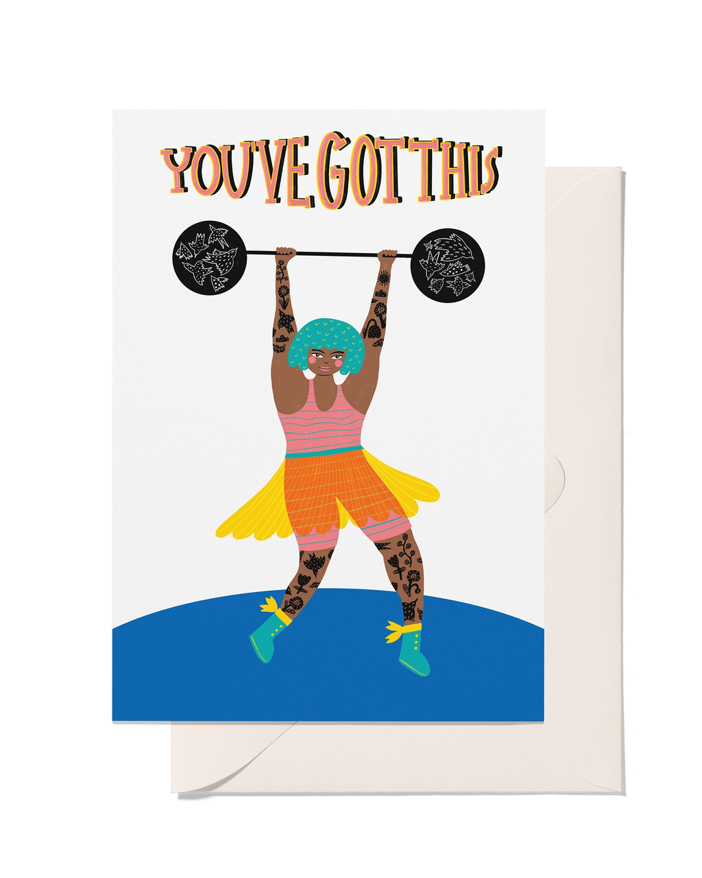 You’ve Got This greeting card featuring a colourful illustrated woman with green hair lifting a barbell above her head.