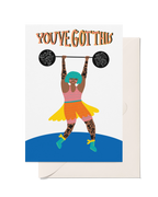You’ve Got This greeting card featuring a colourful illustrated woman with green hair lifting a barbell above her head.