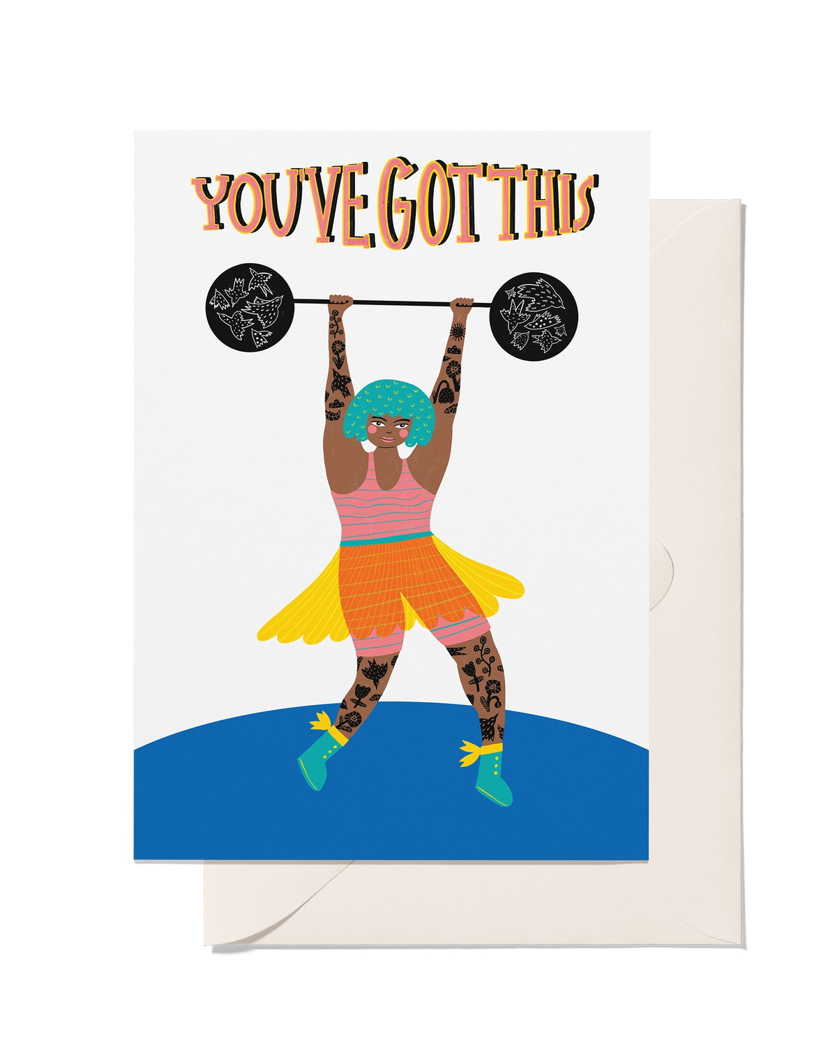 You’ve Got This greeting card featuring a colourful illustrated woman with green hair lifting a barbell above her head.
