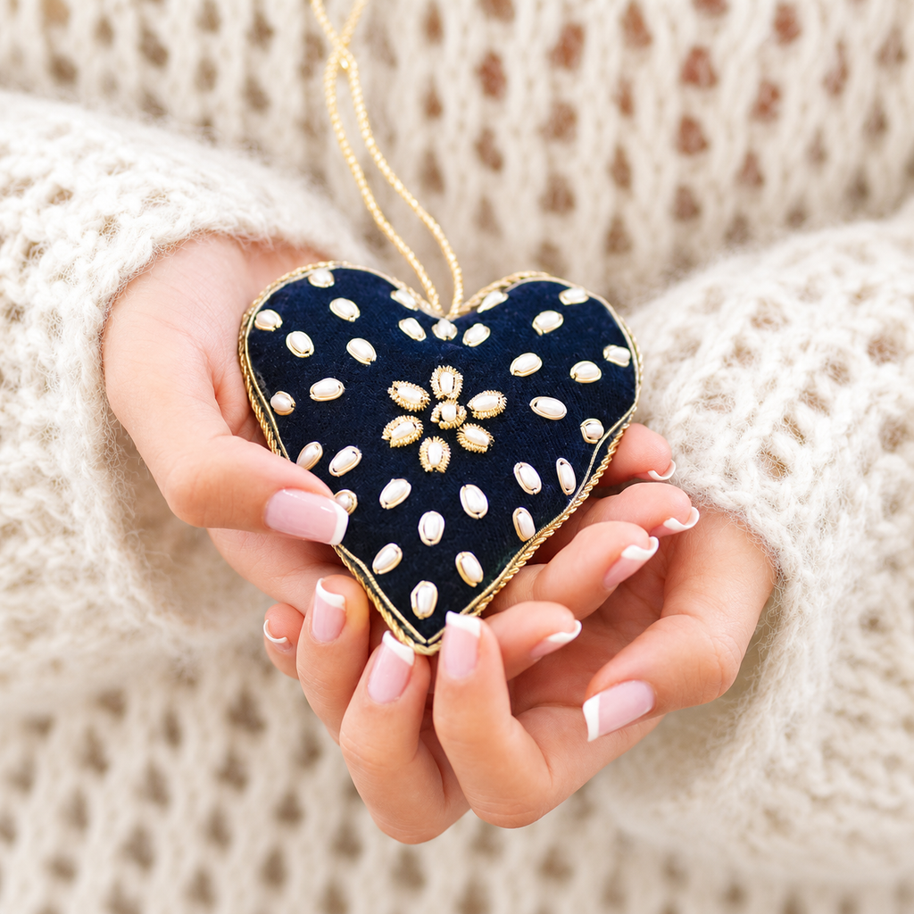 Navy Velvet Heart Christmas Bauble