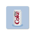 Pale blue square coaster with rounded corners featuring an illustrated silver can of Diet Coke.