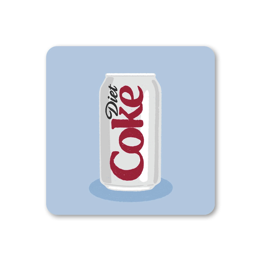 Pale blue square coaster with rounded corners featuring an illustrated silver can of Diet Coke.