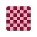 Square coaster with rounded corners featuring a pink and deep burgundy checkerboard pattern.