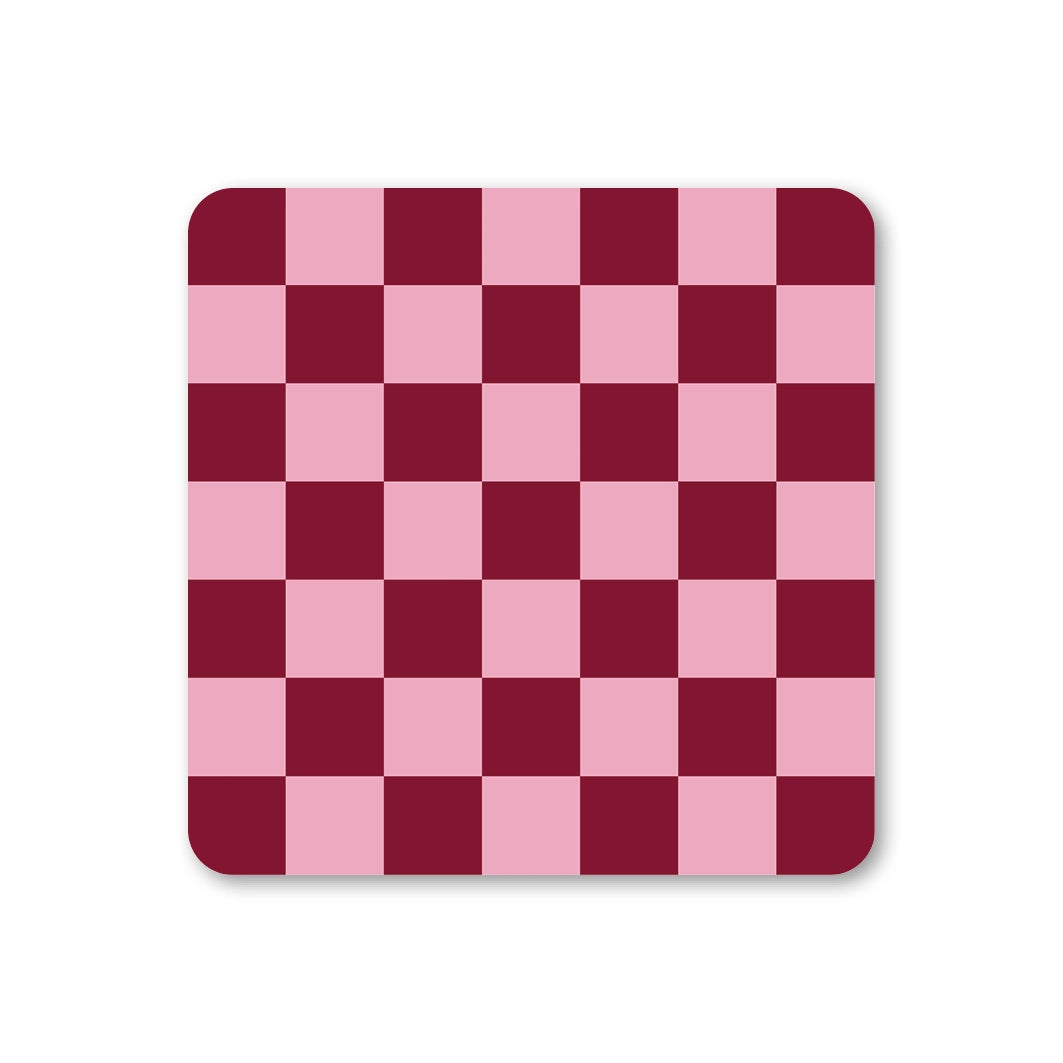 Square coaster with rounded corners featuring a pink and deep burgundy checkerboard pattern.