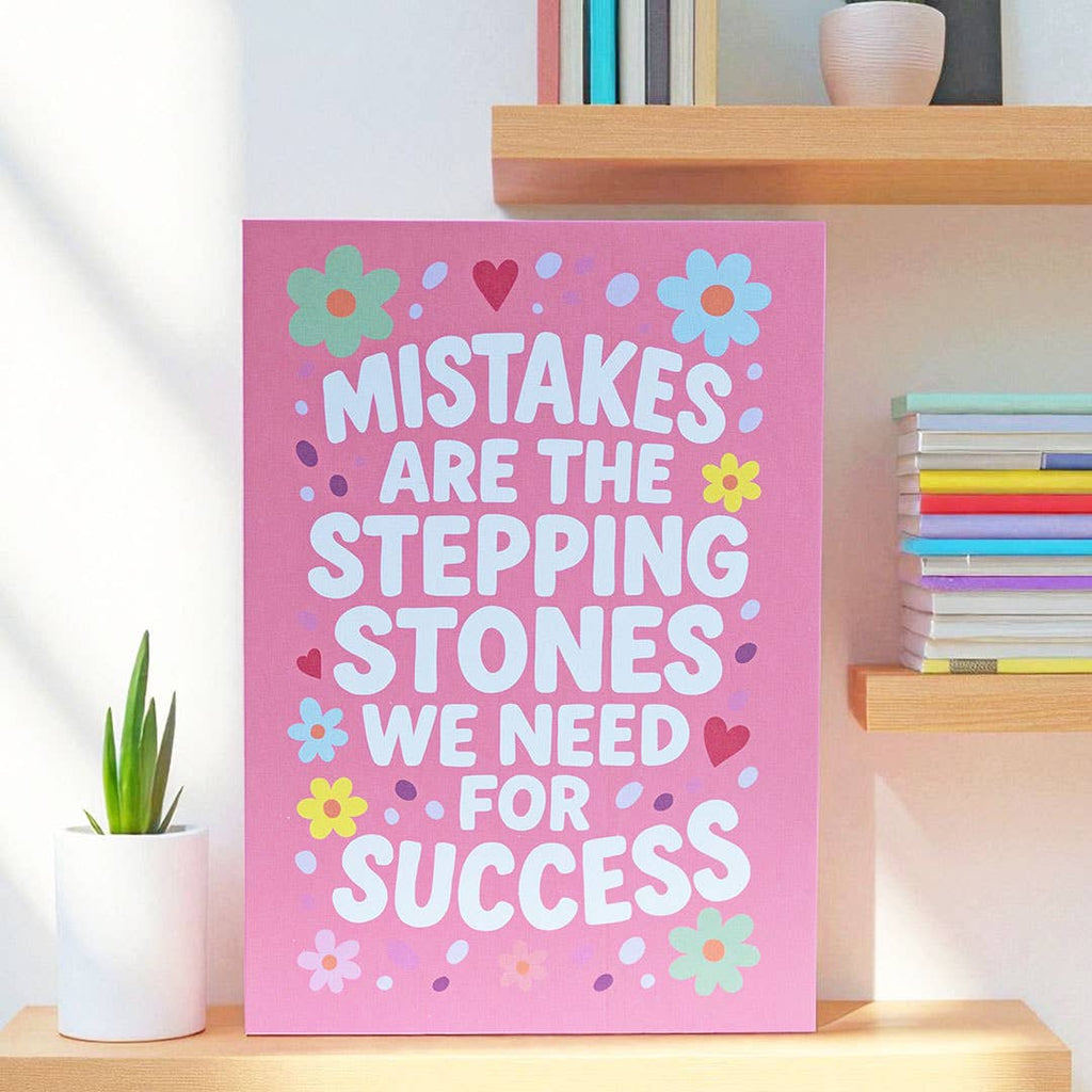 Joyful pink motivational A5 print with white lettering surrounded by colourful flowers, hearts and playful details.