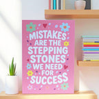 Joyful pink motivational A5 print with white lettering surrounded by colourful flowers, hearts and playful details.