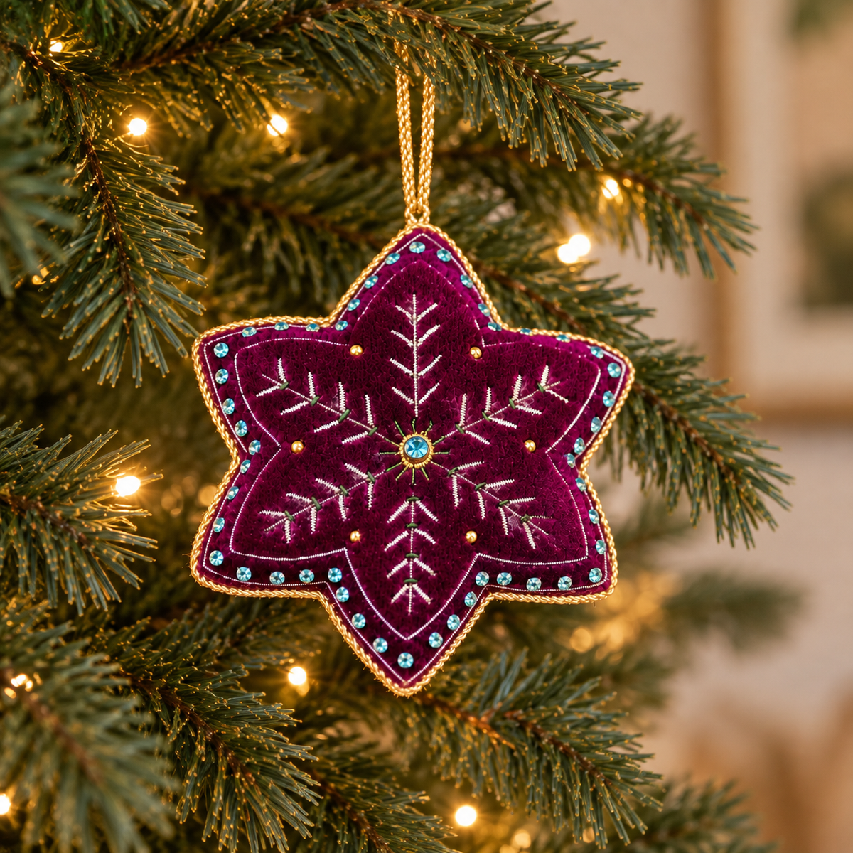 Burgundy velvet star Christmas bauble with embroidered snowflake, turquoise gems and gold trim hanging on a Christmas tree.