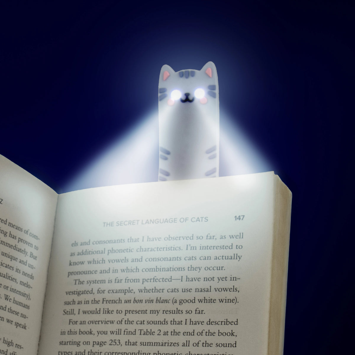 Cat reading light illuminating the pages of an open book in the dark.