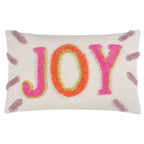 Cream cotton cushion with tufted JOY lettering in bright pink, orange and green with lilac details.
