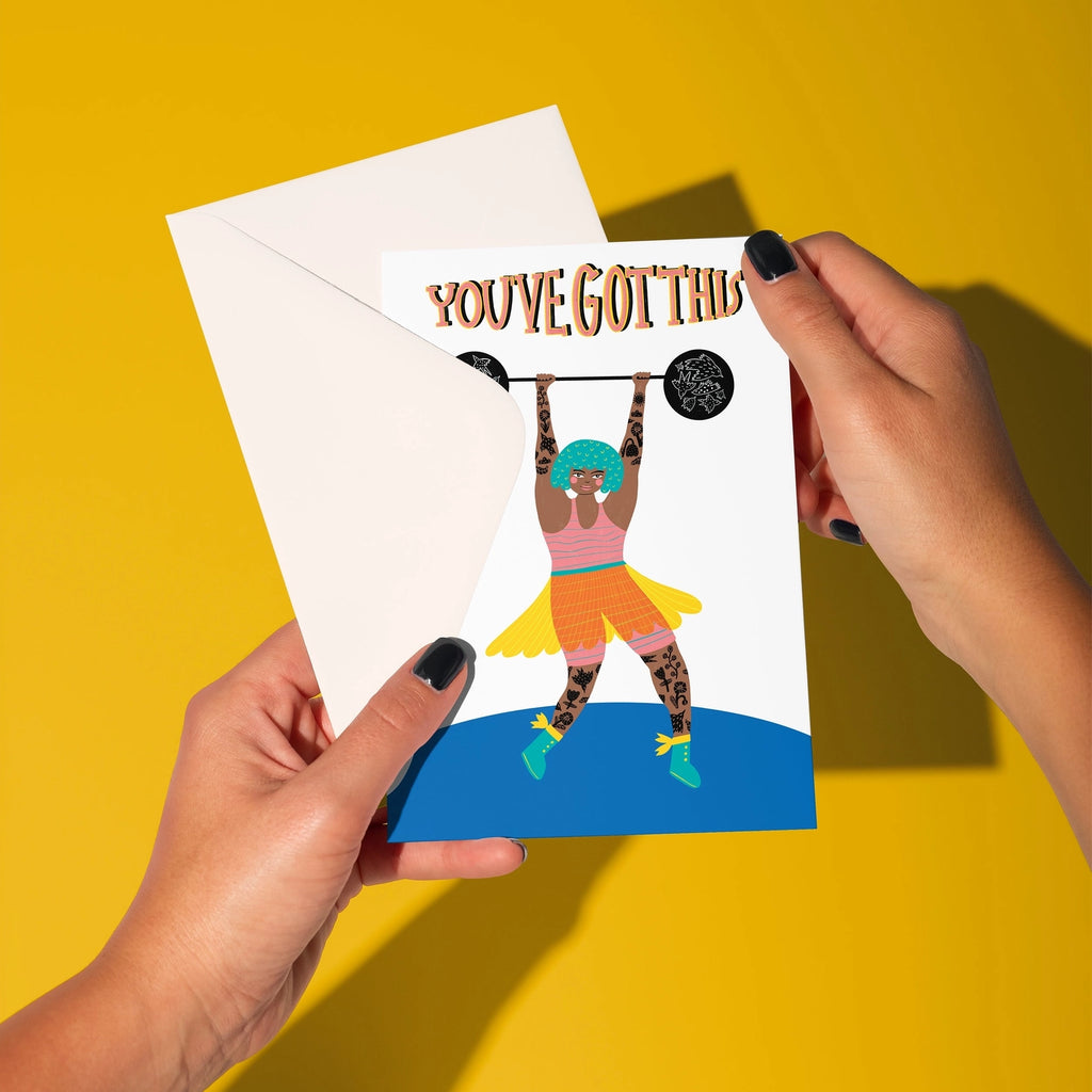 Colourful You’ve Got This encouragement card featuring a strong weightlifting woman, perfect for sending support, motivation and a little boost.