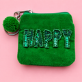 Green velvet coin purse keyring with beaded HAPPY lettering, matching fluffy pom pom and silver-tone keyring.