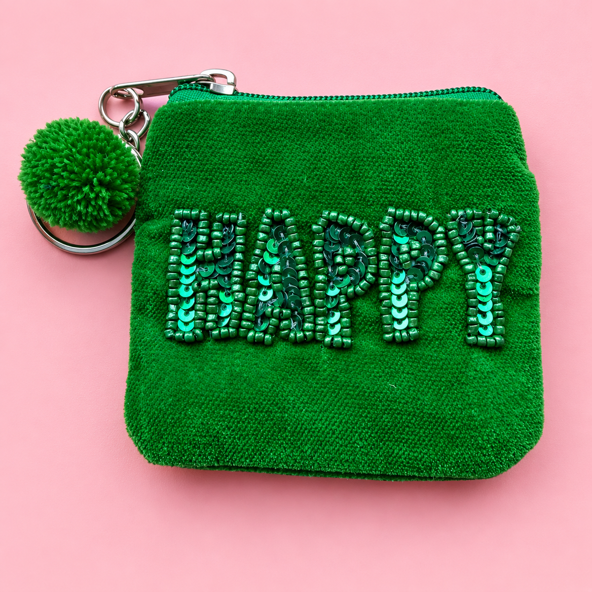 Green velvet coin purse keyring with beaded HAPPY lettering, matching fluffy pom pom and silver-tone keyring.
