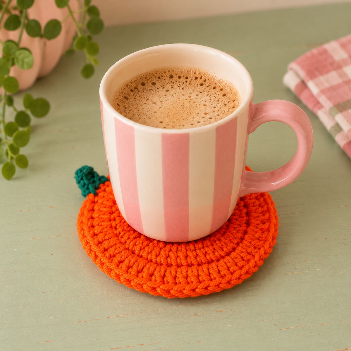 Handmade orange crochet pumpkin used as a coaster beneath a pink striped mug.