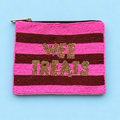 A rectangular beaded zipper pouch with horizontal pink and dark red stripes and the words 'WEE TREATS' in gold lettering, shown on a light blue background.